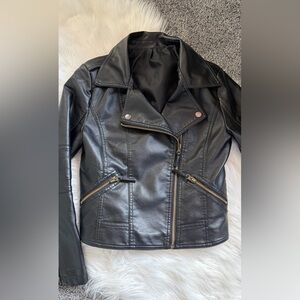 Women's Cropped Black Faux Leather Moto Jacket with Gold Zippers